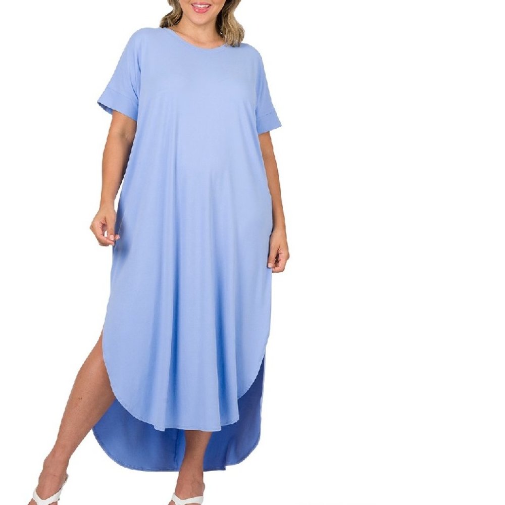 Zenana Maxi Dress Split Hem High Low Short Sleeve Pockets Blue Plus 1X 2X 3X